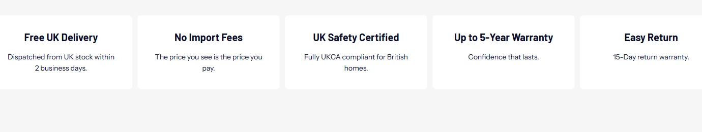 ALLPOWERS UK benefit cards showing delivery, VAT, UK safety and warranty claims