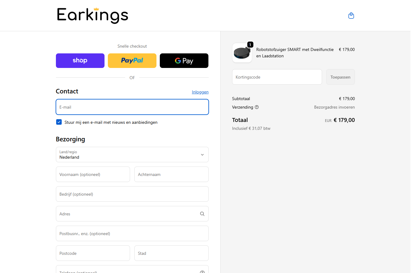 Earkings checkout met veld Kortingscode en knop Toepassen