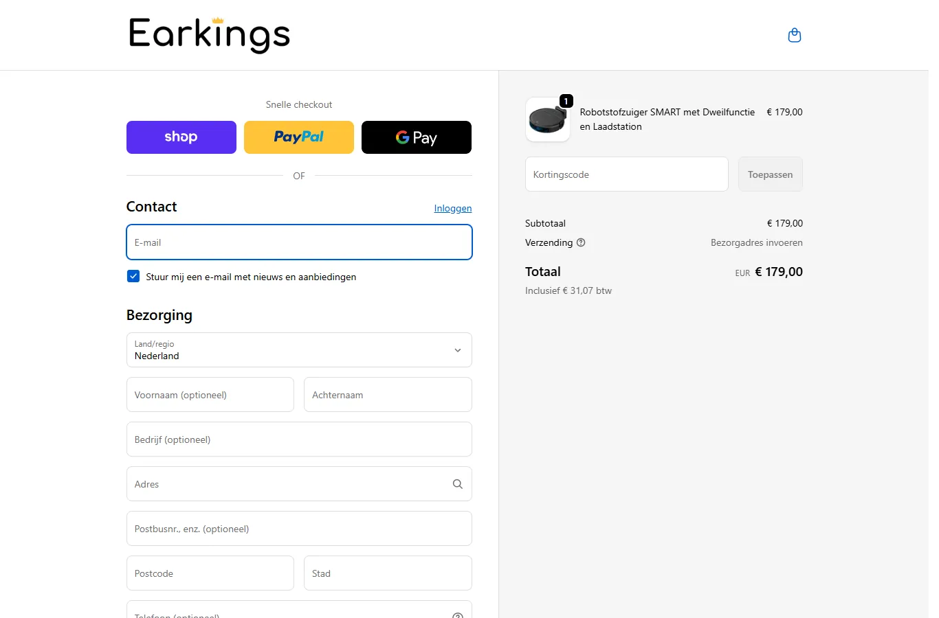 Earkings checkout met veld Kortingscode en knop Toepassen
