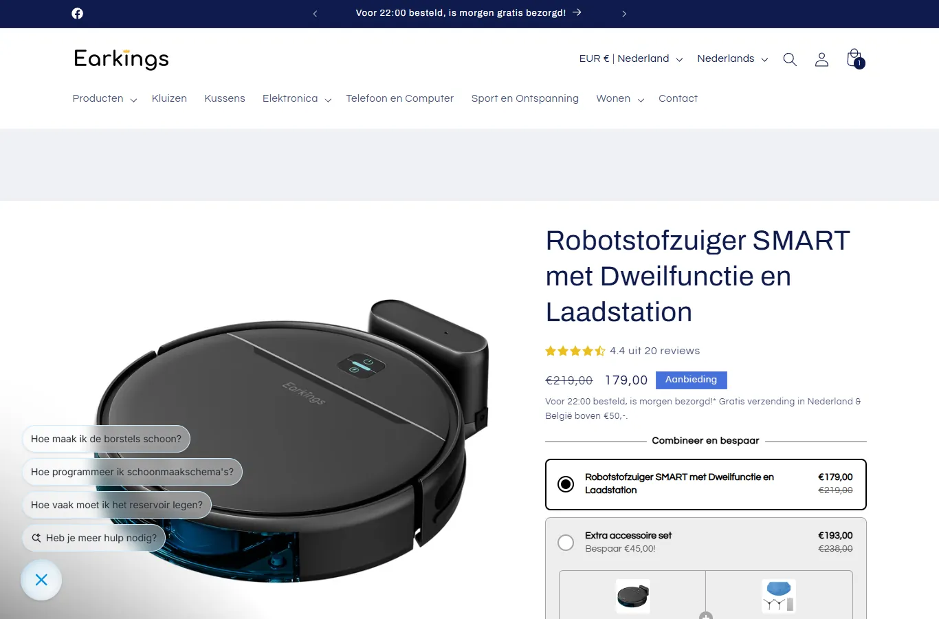 Earkings productpagina van de robotstofzuiger met prijs en reviews