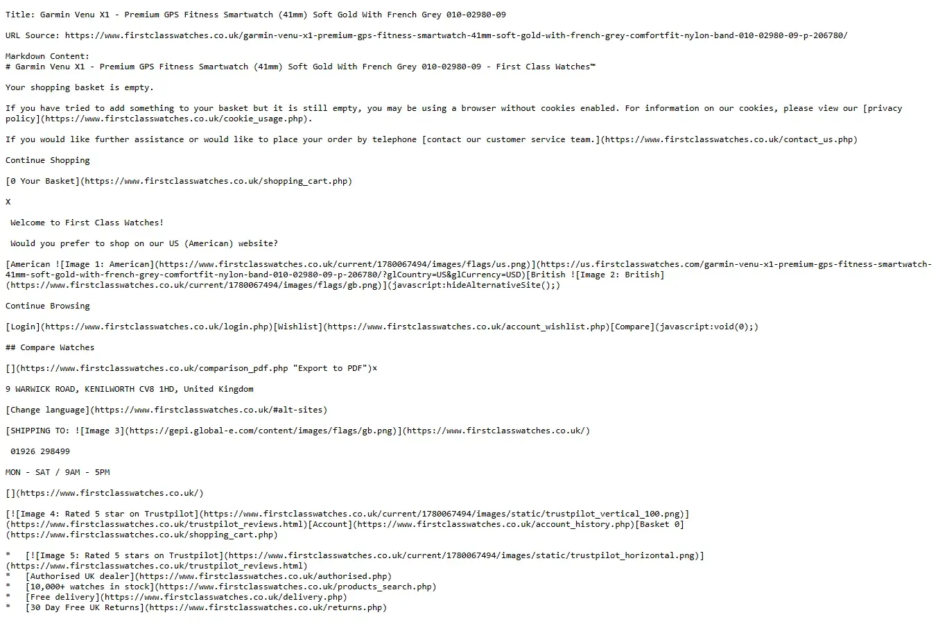 First Class Watches Garmin product page text capture