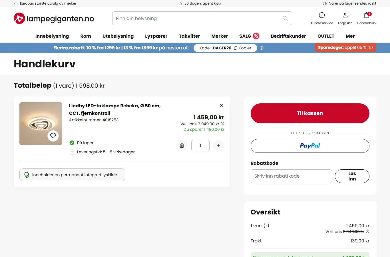 Handlekurv hos Lampegiganten med rabattkodefelt