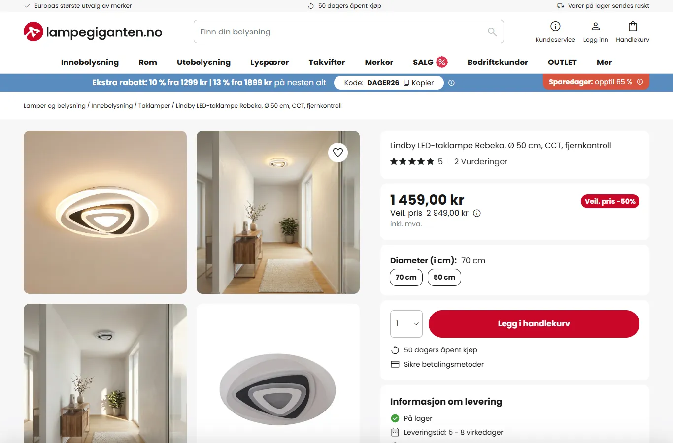 Produktside hos Lampegiganten med LED-taklampe, pris og kampanjekode