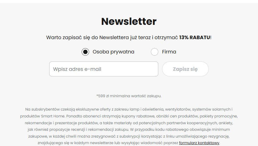Blok newslettera Lampy.pl z rabatem 13 procent i minimum zakupowym