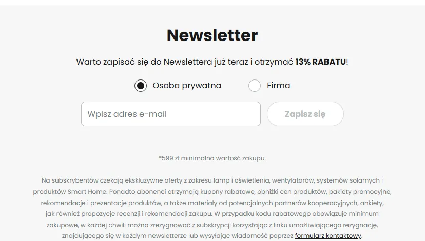 Blok newslettera Lampy.pl z rabatem 13 procent i minimum zakupowym