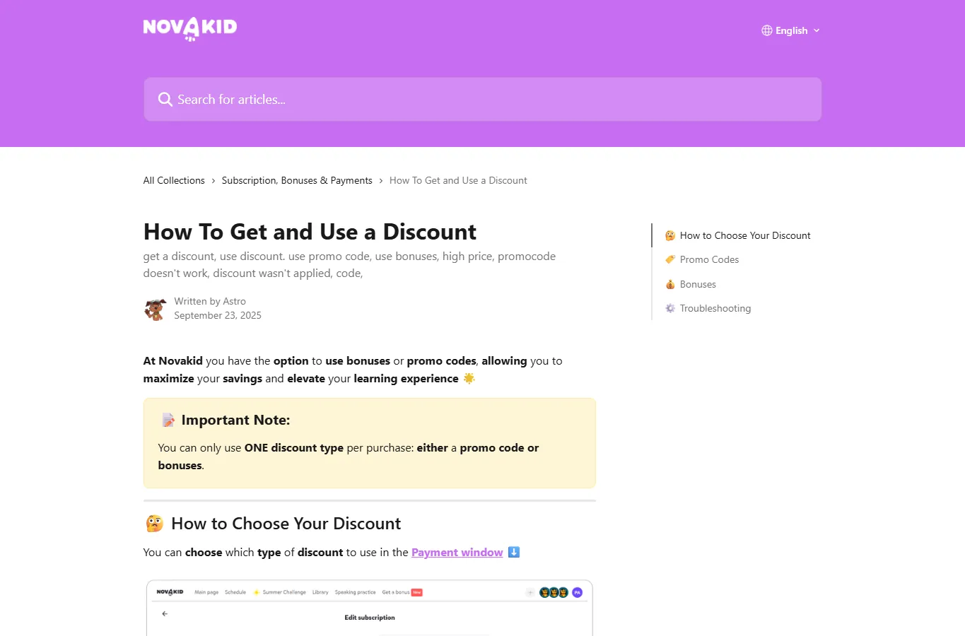 Novakid help article explaining how to get and use a discount