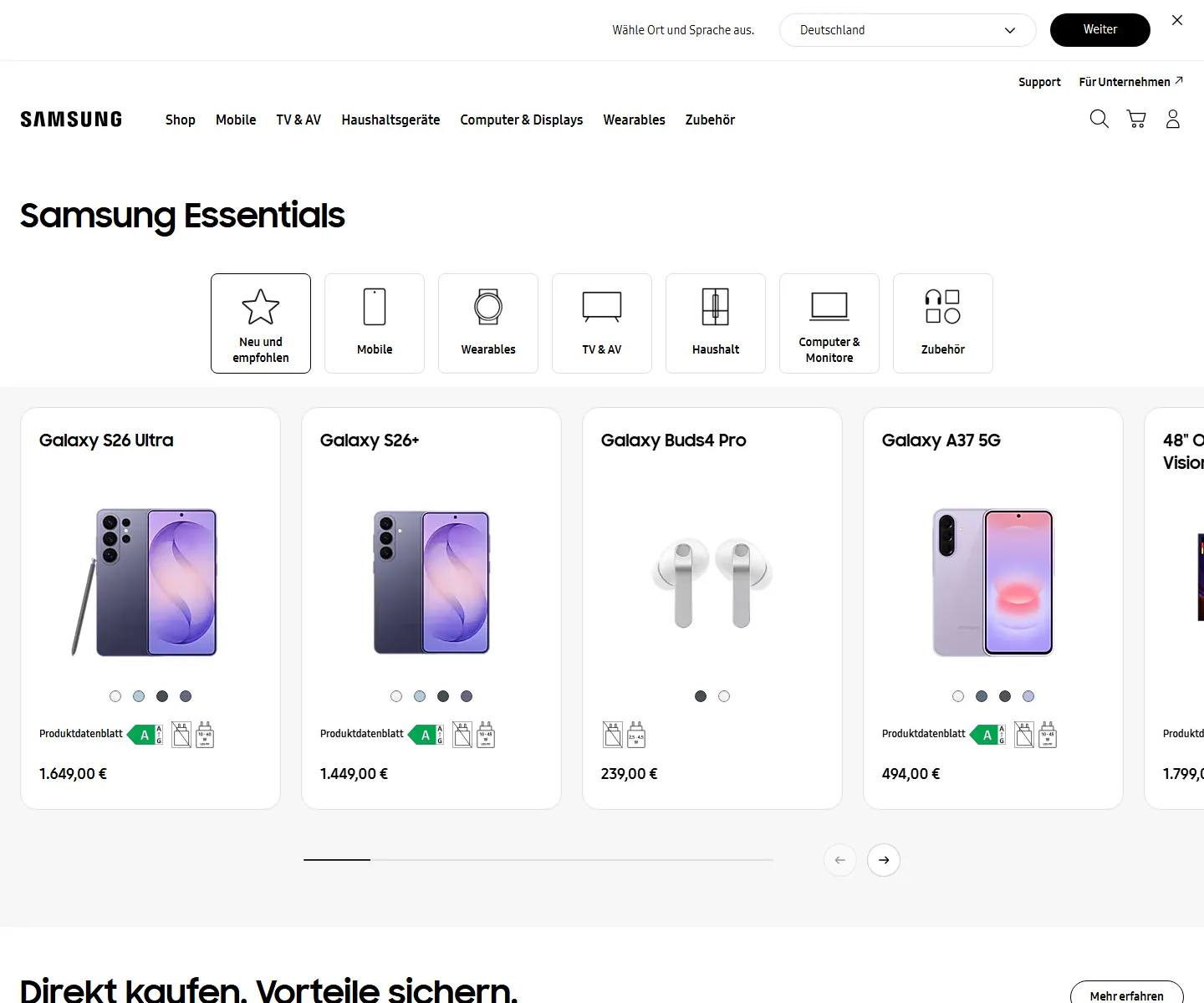 Samsung Deutschland mit Angebotsseite und sichtbaren Shop-Kategorien