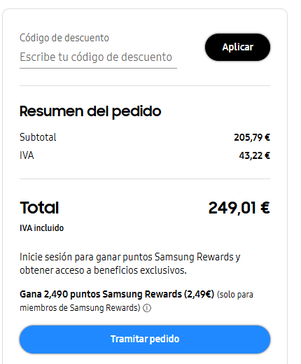 Campo Código de descuento en el carrito de Samsung España