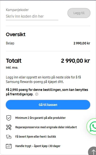 Felt for kampanjekode i Samsung Norges handlekurv