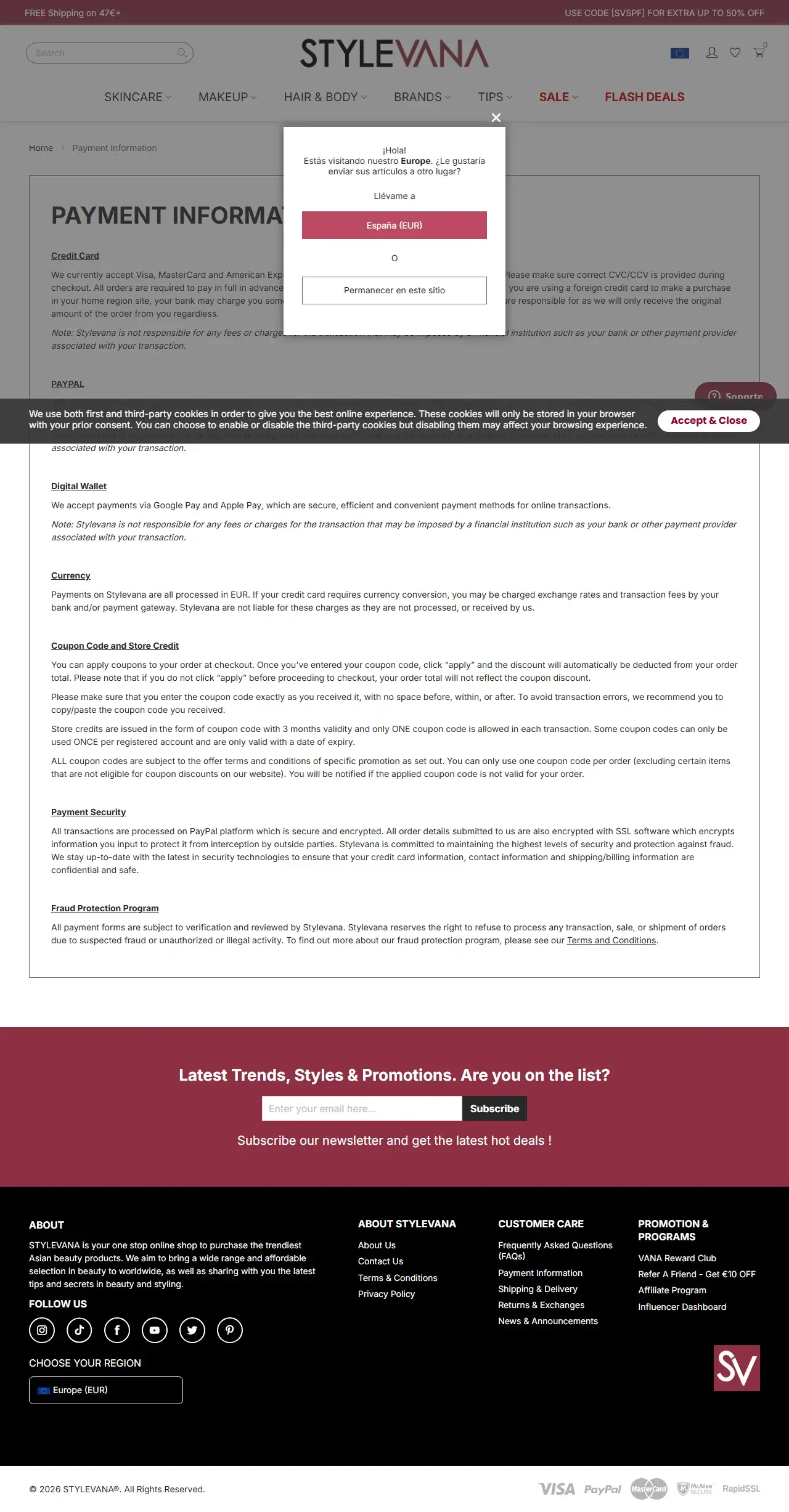 Payment Information von Stylevana EU mit Abschnitt zu Coupon Code and Store Credit