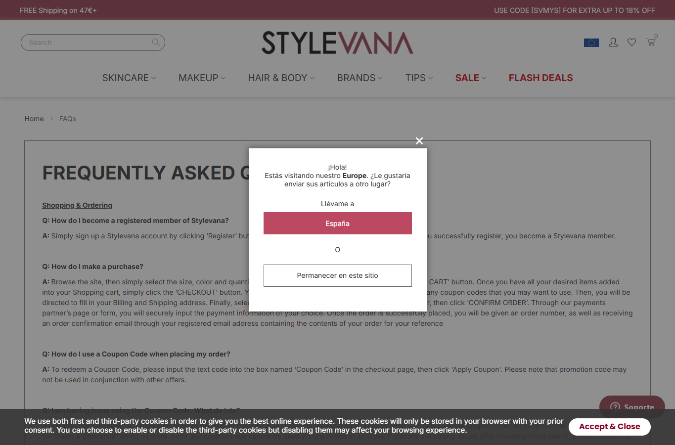 FAQ Stylevana indiquant le champ Coupon Code au checkout