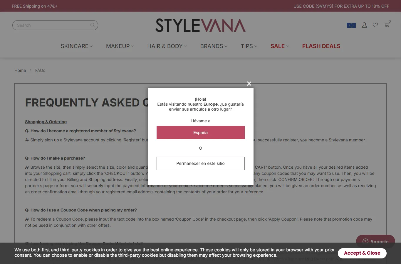 FAQ Stylevana indiquant le champ Coupon Code au checkout