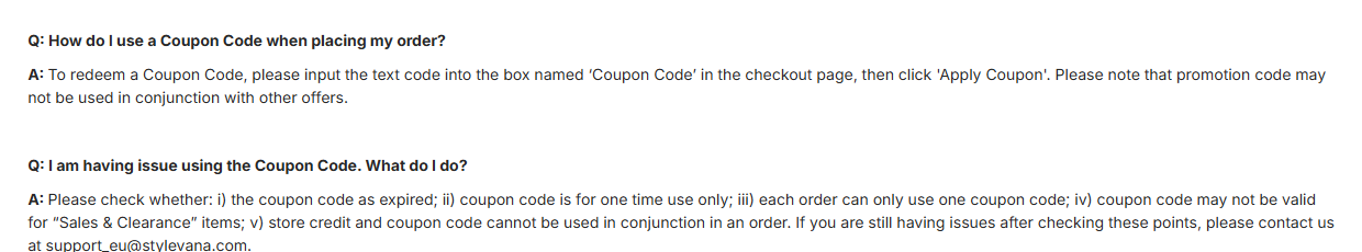 FAQ oficial da Stylevana com instrucoes sobre o campo Coupon Code no checkout