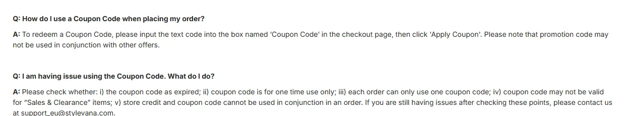 FAQ oficial da Stylevana com instrucoes sobre o campo Coupon Code no checkout