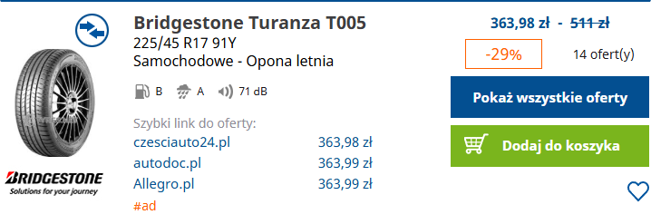 Porownanie cen opony Bridgestone Turanza T005 w Tanie Opony