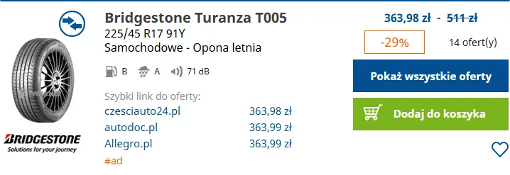 Porownanie cen opony Bridgestone Turanza T005 w Tanie Opony